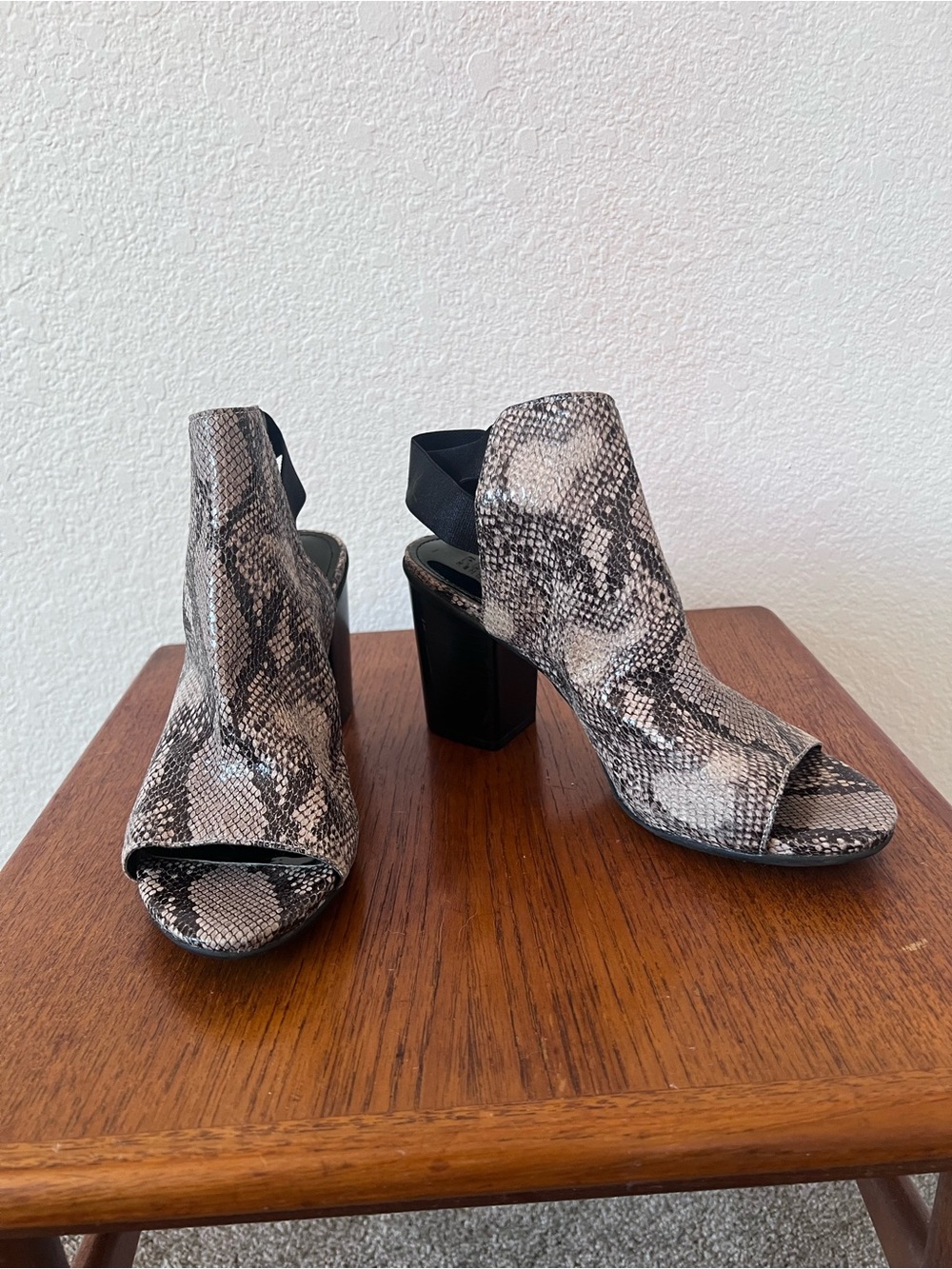 Kenneth Cole “Fridah Fly” snake print open-toe block heel bootie